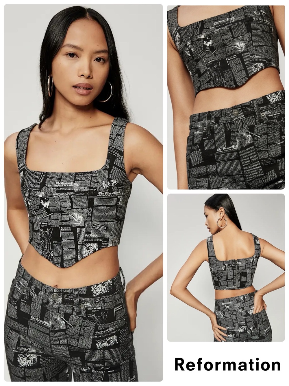 Reformation Raya Style Zine Denim Bustier Top in Newsprint (Black/White Text)